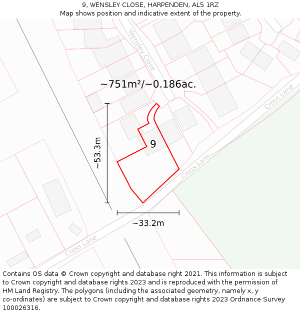 9, WENSLEY CLOSE, HARPENDEN, AL5 1RZ: Plot and title map