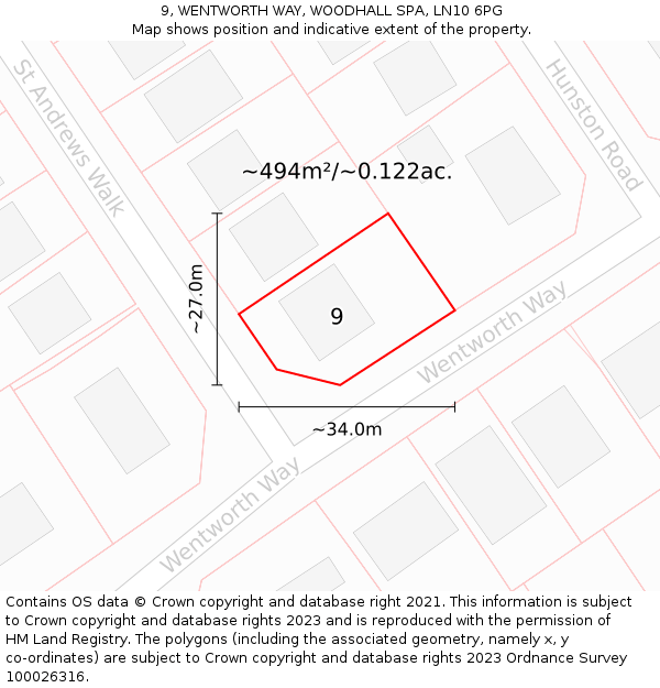 9, WENTWORTH WAY, WOODHALL SPA, LN10 6PG: Plot and title map