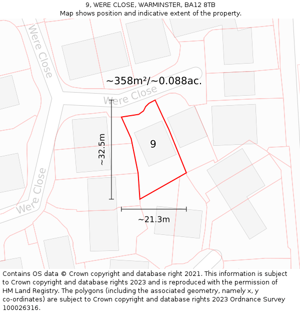 9, WERE CLOSE, WARMINSTER, BA12 8TB: Plot and title map