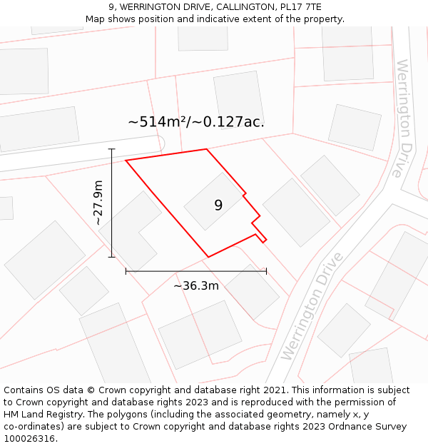 9, WERRINGTON DRIVE, CALLINGTON, PL17 7TE: Plot and title map