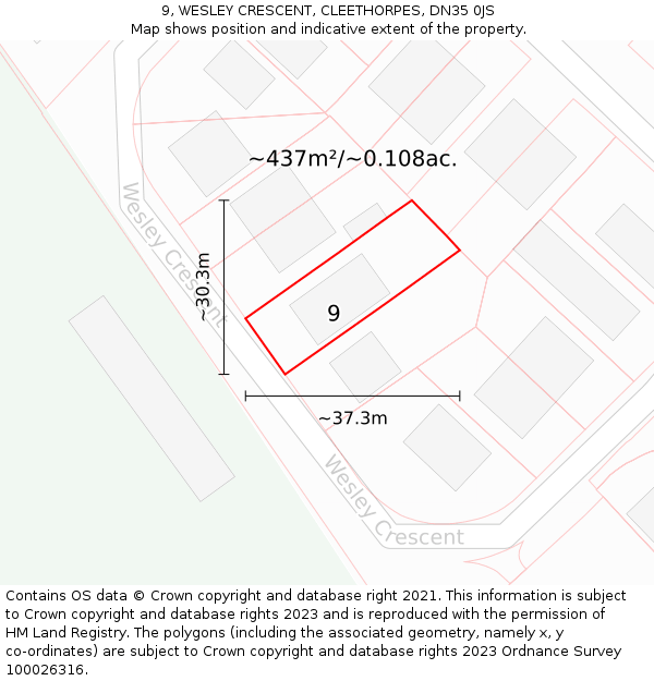 9, WESLEY CRESCENT, CLEETHORPES, DN35 0JS: Plot and title map