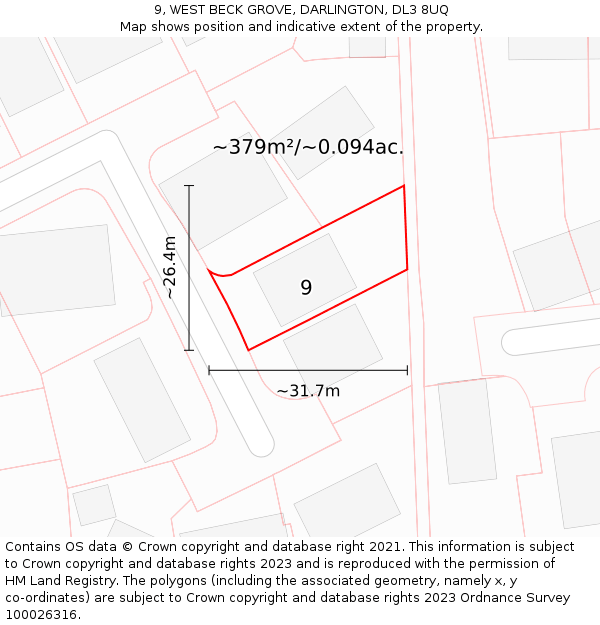 9, WEST BECK GROVE, DARLINGTON, DL3 8UQ: Plot and title map