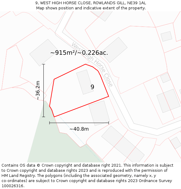 9, WEST HIGH HORSE CLOSE, ROWLANDS GILL, NE39 1AL: Plot and title map