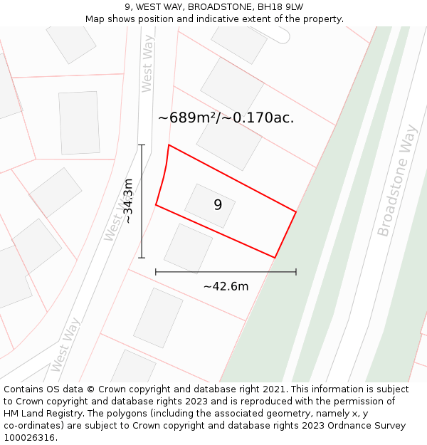 9, WEST WAY, BROADSTONE, BH18 9LW: Plot and title map