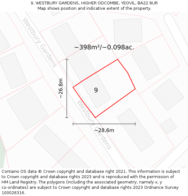 9, WESTBURY GARDENS, HIGHER ODCOMBE, YEOVIL, BA22 8UR: Plot and title map