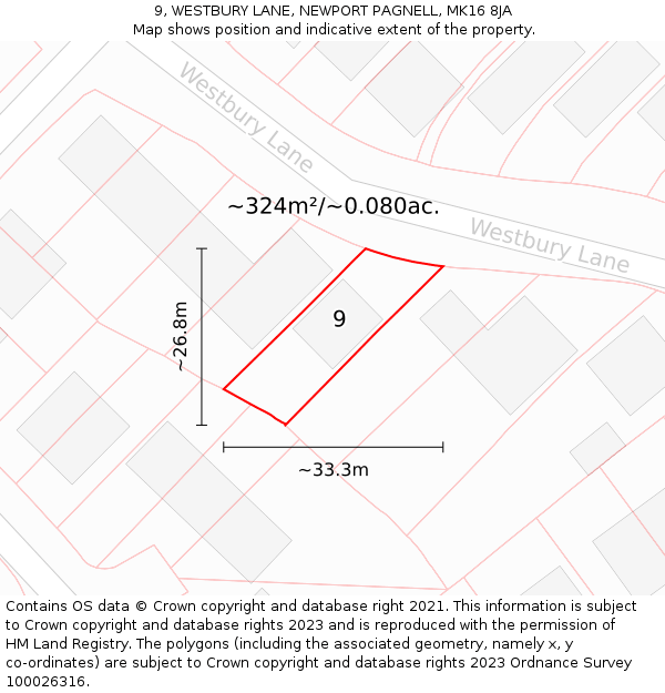 9, WESTBURY LANE, NEWPORT PAGNELL, MK16 8JA: Plot and title map