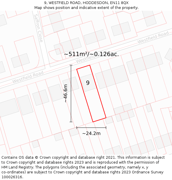 9, WESTFIELD ROAD, HODDESDON, EN11 8QX: Plot and title map