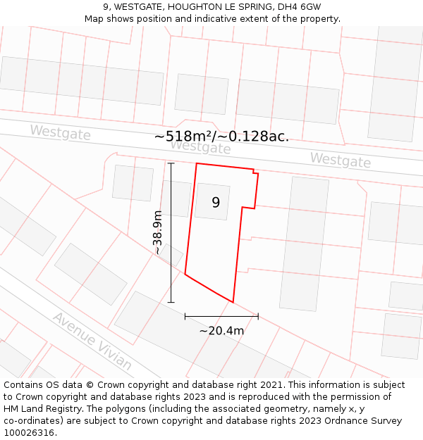 9, WESTGATE, HOUGHTON LE SPRING, DH4 6GW: Plot and title map