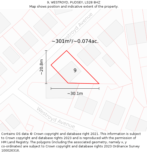 9, WESTROYD, PUDSEY, LS28 8HZ: Plot and title map