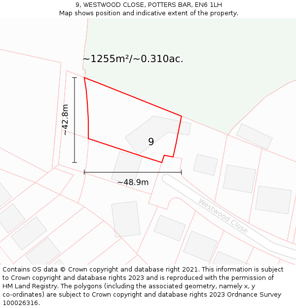 9, WESTWOOD CLOSE, POTTERS BAR, EN6 1LH: Plot and title map