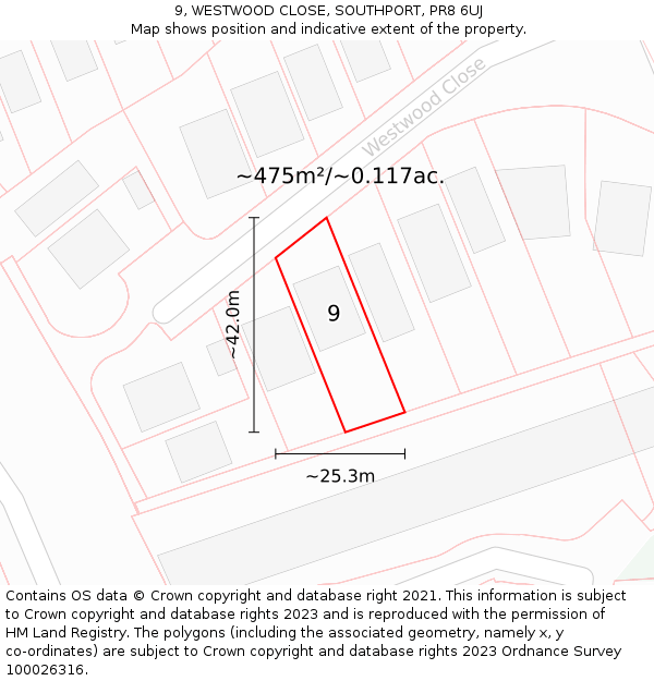 9, WESTWOOD CLOSE, SOUTHPORT, PR8 6UJ: Plot and title map