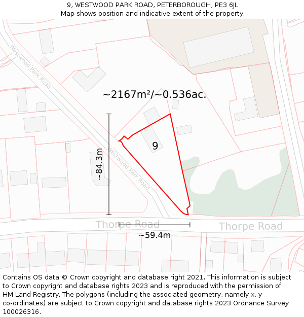 9, WESTWOOD PARK ROAD, PETERBOROUGH, PE3 6JL: Plot and title map