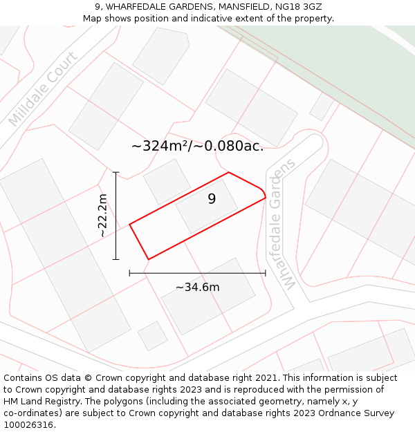 9, WHARFEDALE GARDENS, MANSFIELD, NG18 3GZ: Plot and title map