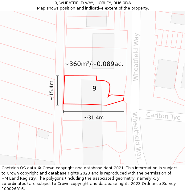 9, WHEATFIELD WAY, HORLEY, RH6 9DA: Plot and title map