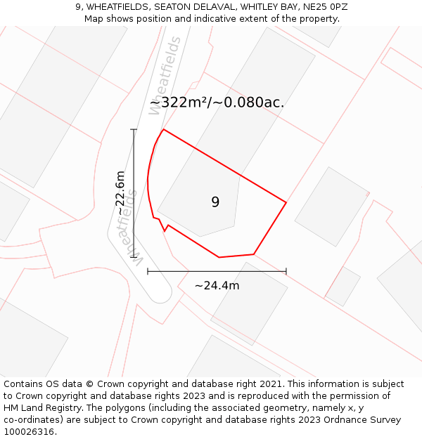 9, WHEATFIELDS, SEATON DELAVAL, WHITLEY BAY, NE25 0PZ: Plot and title map