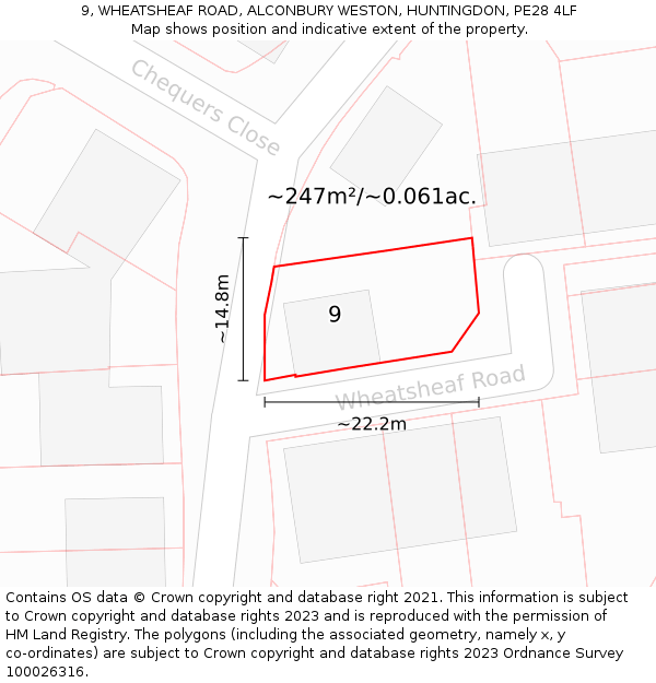 9, WHEATSHEAF ROAD, ALCONBURY WESTON, HUNTINGDON, PE28 4LF: Plot and title map