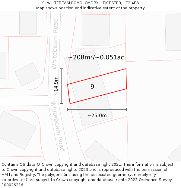 9, WHITEBEAM ROAD, OADBY, LEICESTER, LE2 4EA: Plot and title map