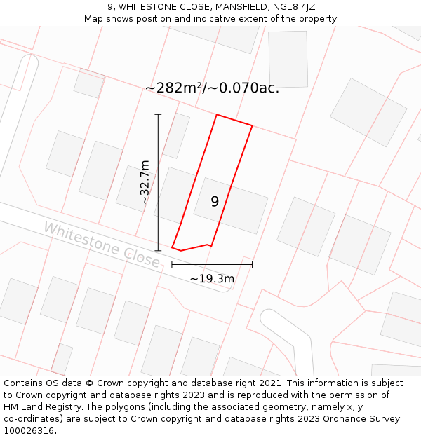 9, WHITESTONE CLOSE, MANSFIELD, NG18 4JZ: Plot and title map