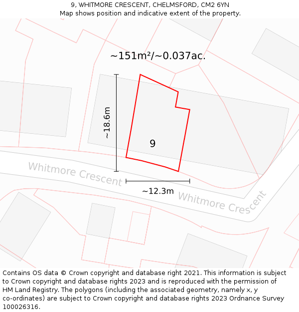 9, WHITMORE CRESCENT, CHELMSFORD, CM2 6YN: Plot and title map