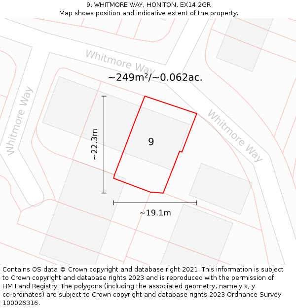 9, WHITMORE WAY, HONITON, EX14 2GR: Plot and title map