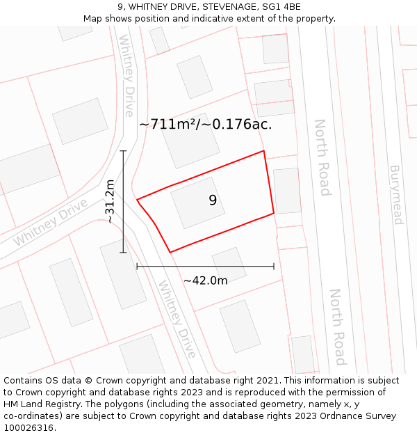 9, WHITNEY DRIVE, STEVENAGE, SG1 4BE: Plot and title map