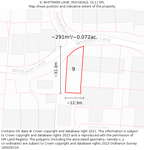 9, WHITTAKER LANE, ROCHDALE, OL11 5PL: Plot and title map