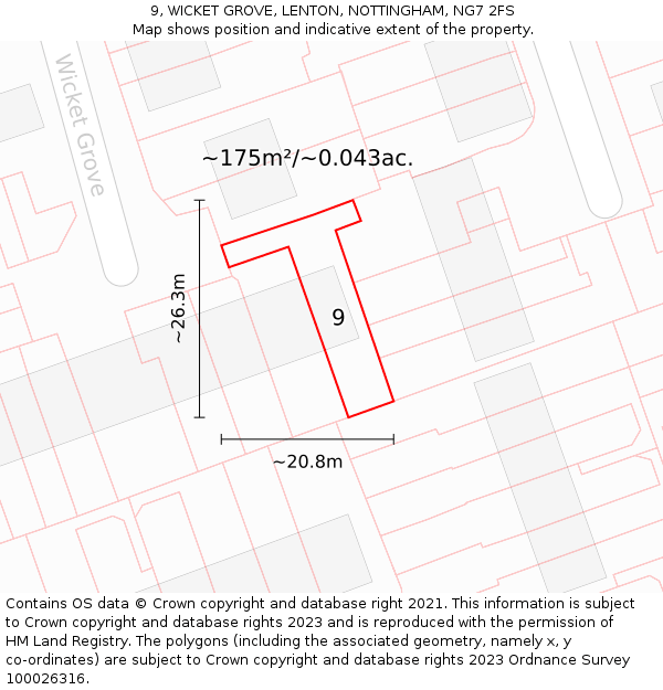 9, WICKET GROVE, LENTON, NOTTINGHAM, NG7 2FS: Plot and title map