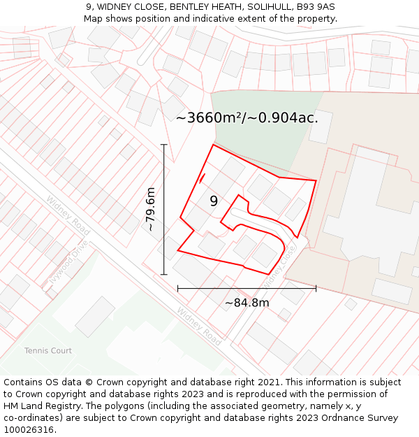 9, WIDNEY CLOSE, BENTLEY HEATH, SOLIHULL, B93 9AS: Plot and title map