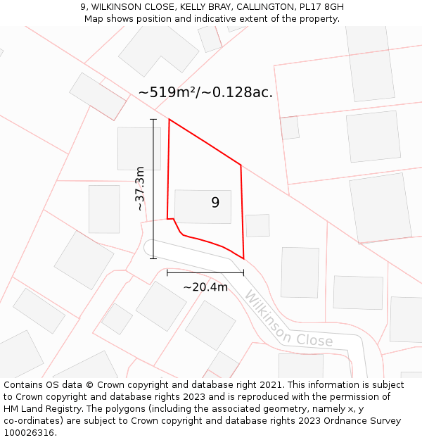 9, WILKINSON CLOSE, KELLY BRAY, CALLINGTON, PL17 8GH: Plot and title map