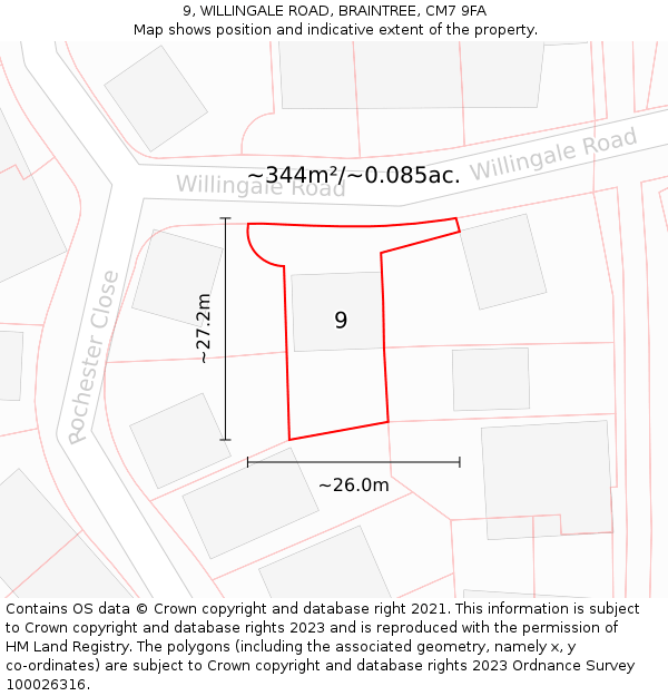 9, WILLINGALE ROAD, BRAINTREE, CM7 9FA: Plot and title map