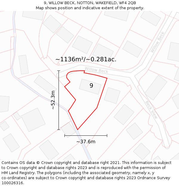 9, WILLOW BECK, NOTTON, WAKEFIELD, WF4 2QB: Plot and title map