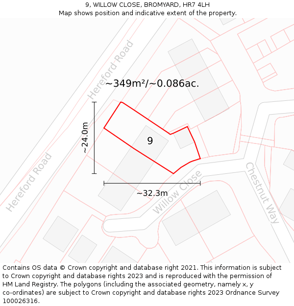 9, WILLOW CLOSE, BROMYARD, HR7 4LH: Plot and title map
