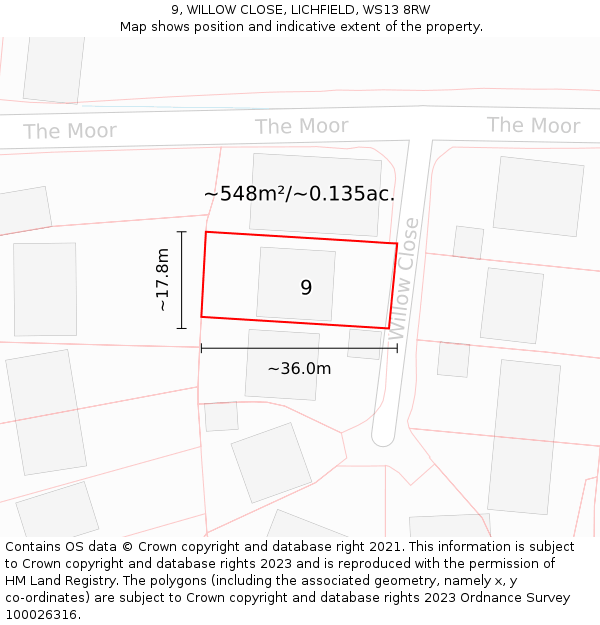 9, WILLOW CLOSE, LICHFIELD, WS13 8RW: Plot and title map