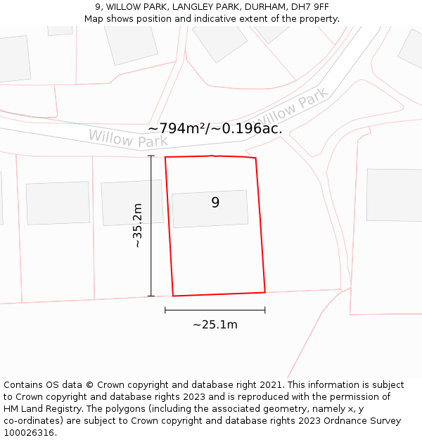 9, WILLOW PARK, LANGLEY PARK, DURHAM, DH7 9FF: Plot and title map
