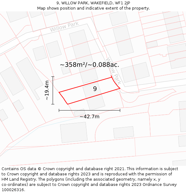 9, WILLOW PARK, WAKEFIELD, WF1 2JP: Plot and title map