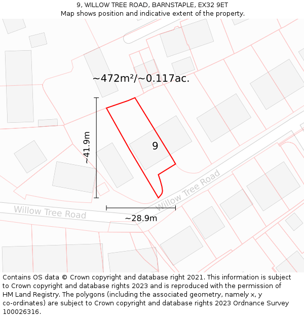 9, WILLOW TREE ROAD, BARNSTAPLE, EX32 9ET: Plot and title map