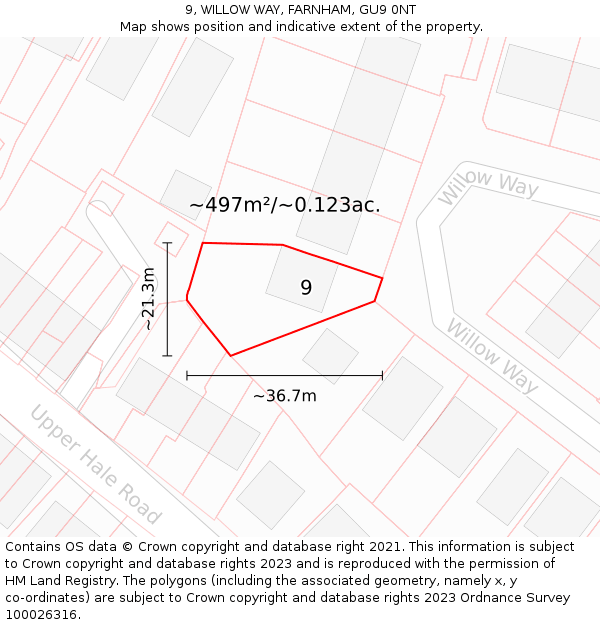 9, WILLOW WAY, FARNHAM, GU9 0NT: Plot and title map