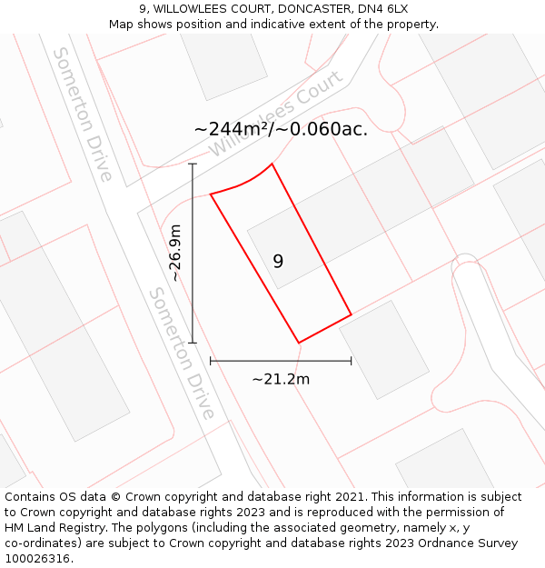 9, WILLOWLEES COURT, DONCASTER, DN4 6LX: Plot and title map