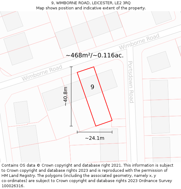 9, WIMBORNE ROAD, LEICESTER, LE2 3RQ: Plot and title map