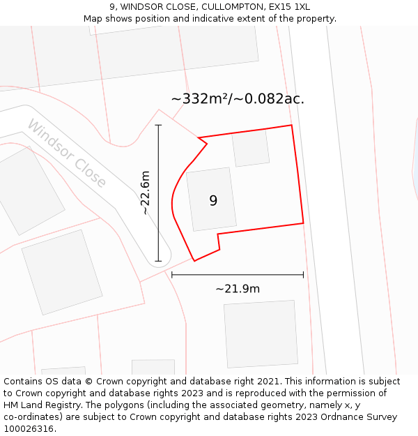 9, WINDSOR CLOSE, CULLOMPTON, EX15 1XL: Plot and title map