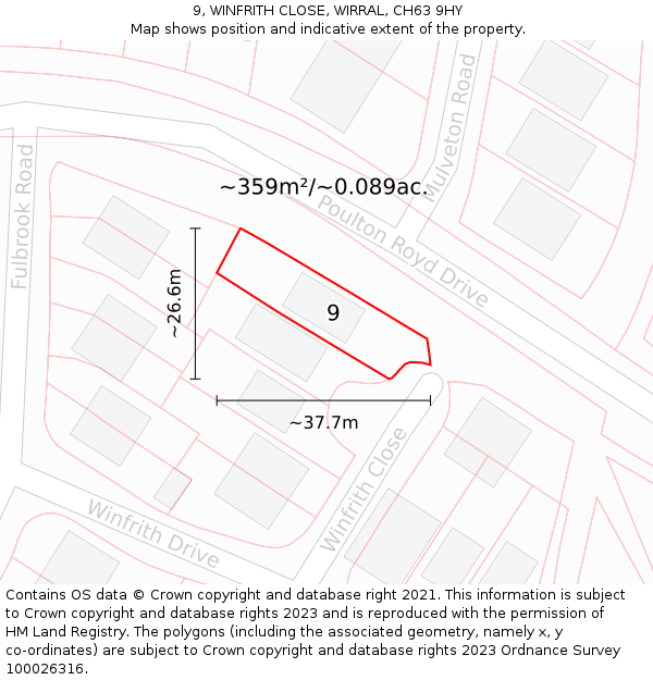 9, WINFRITH CLOSE, WIRRAL, CH63 9HY: Plot and title map