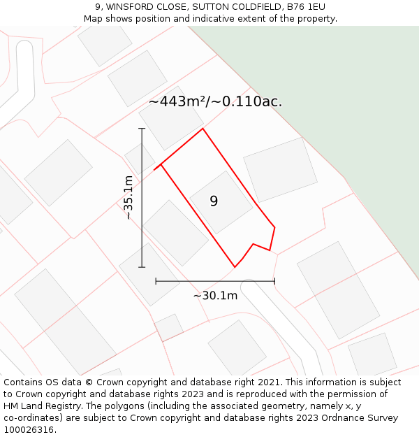 9, WINSFORD CLOSE, SUTTON COLDFIELD, B76 1EU: Plot and title map