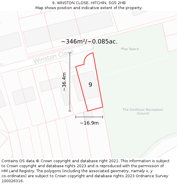 9, WINSTON CLOSE, HITCHIN, SG5 2HB: Plot and title map