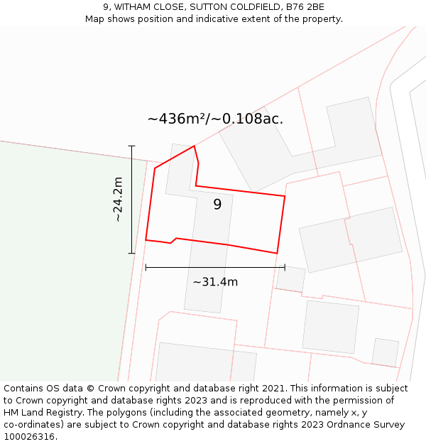 9, WITHAM CLOSE, SUTTON COLDFIELD, B76 2BE: Plot and title map