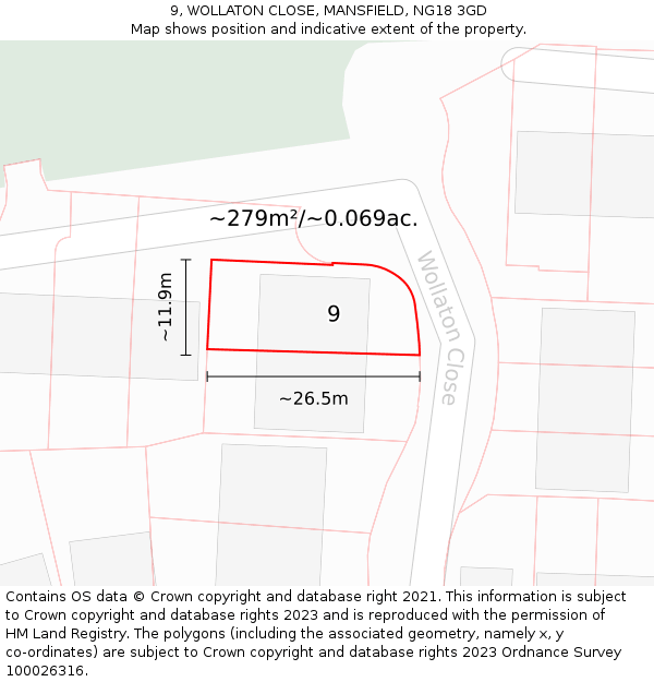 9, WOLLATON CLOSE, MANSFIELD, NG18 3GD: Plot and title map