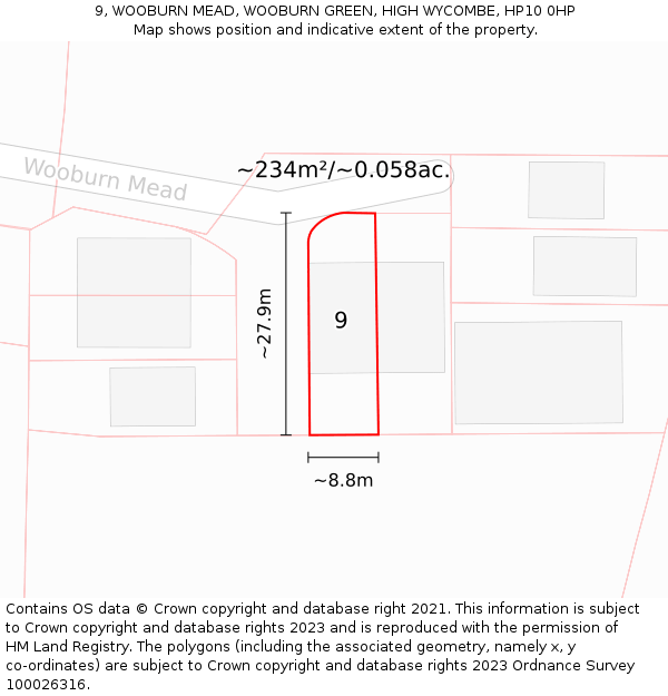 9, WOOBURN MEAD, WOOBURN GREEN, HIGH WYCOMBE, HP10 0HP: Plot and title map