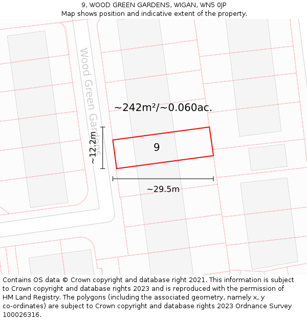 9, WOOD GREEN GARDENS, WIGAN, WN5 0JP: Plot and title map