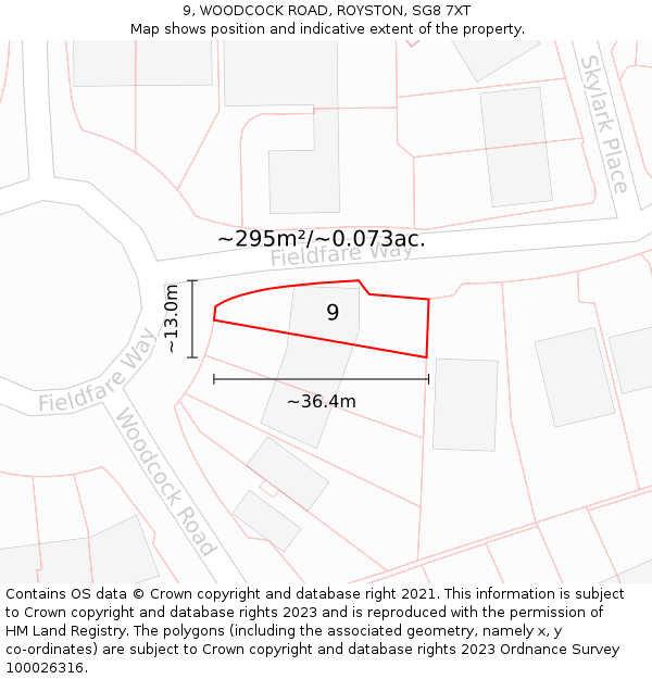 9, WOODCOCK ROAD, ROYSTON, SG8 7XT: Plot and title map