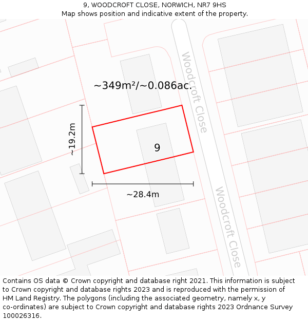 9, WOODCROFT CLOSE, NORWICH, NR7 9HS: Plot and title map