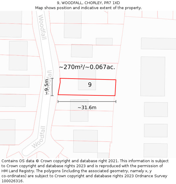 9, WOODFALL, CHORLEY, PR7 1XD: Plot and title map